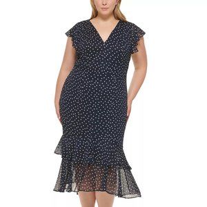 TOMMY HILFIGER Shadow Dot Chiffon Midi Dress Sky Captain/Ivory Plus Size 18W